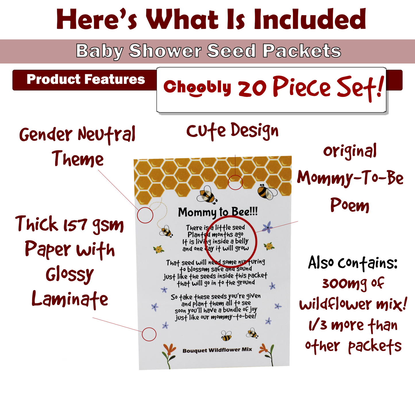 Mommy to Bee Seed Packets | Girl or Boy Baby Shower Favors for Guests | 20 Wildflower Seeds Packets | Pre-Filled | Bouquet Wildflower Mix | Non-GMO Seeds | Gender Neutral | Oh Baby | Gifts