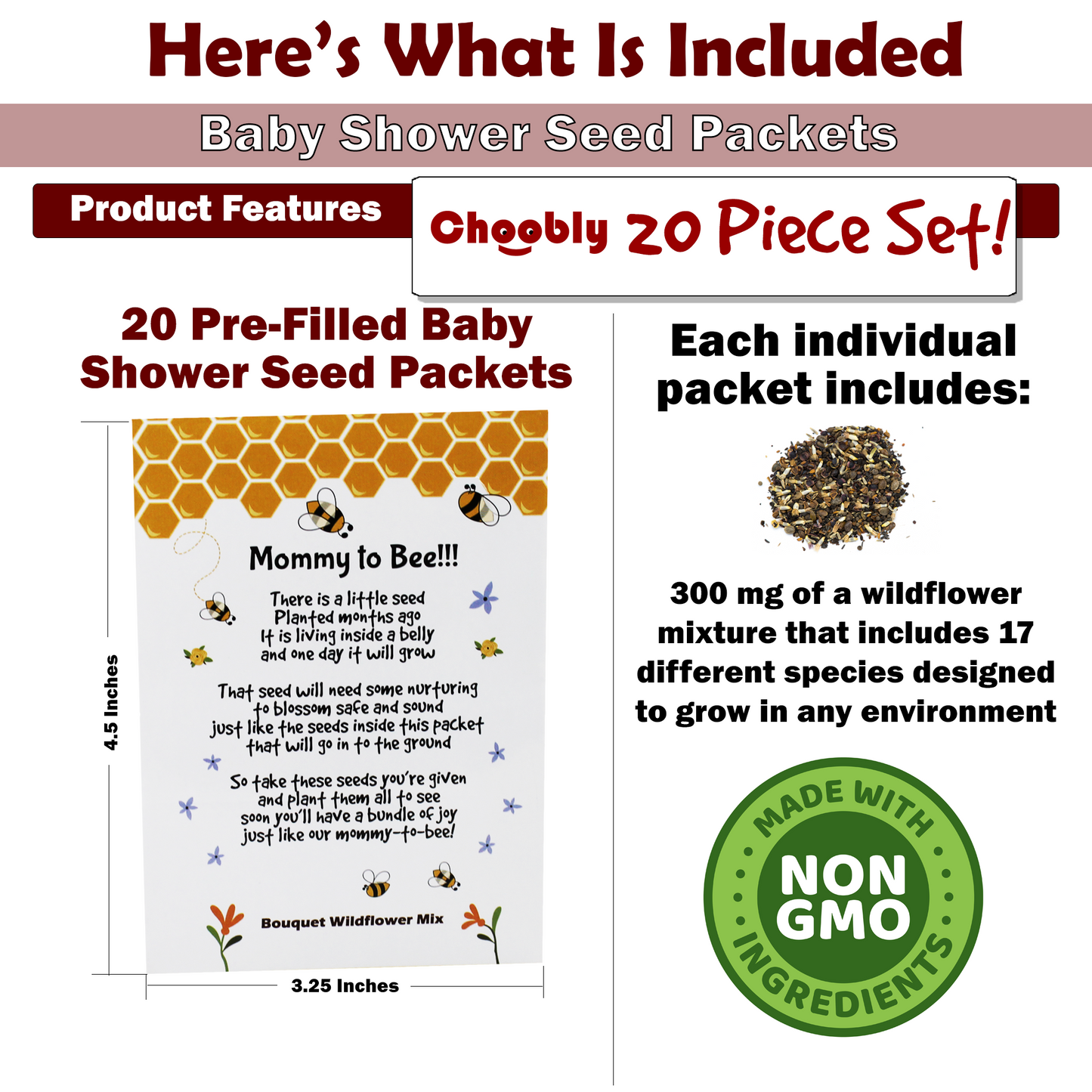 Mommy to Bee Seed Packets | Girl or Boy Baby Shower Favors for Guests | 20 Wildflower Seeds Packets | Pre-Filled | Bouquet Wildflower Mix | Non-GMO Seeds | Gender Neutral | Oh Baby | Gifts