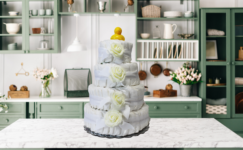 CHOOBLY 100 PC Decorate It Yourself Baby Shower Diaper Cake | 4 Tier | Gender Neutral | for Girl, Boy | White | Gender Reveal, Party Decor | Newborn Baby Gifts | Do-it-Yourself | Decorationsā¦