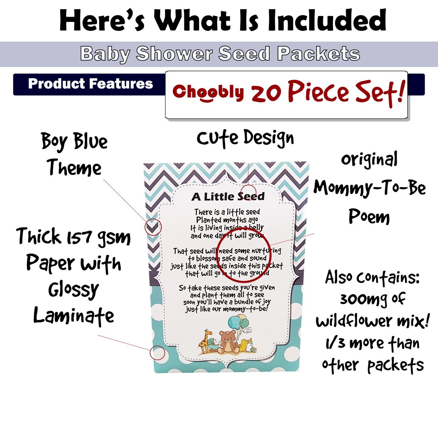CHOOBLY 20 PC Boy Baby Shower Seed Packet Favors for Guests